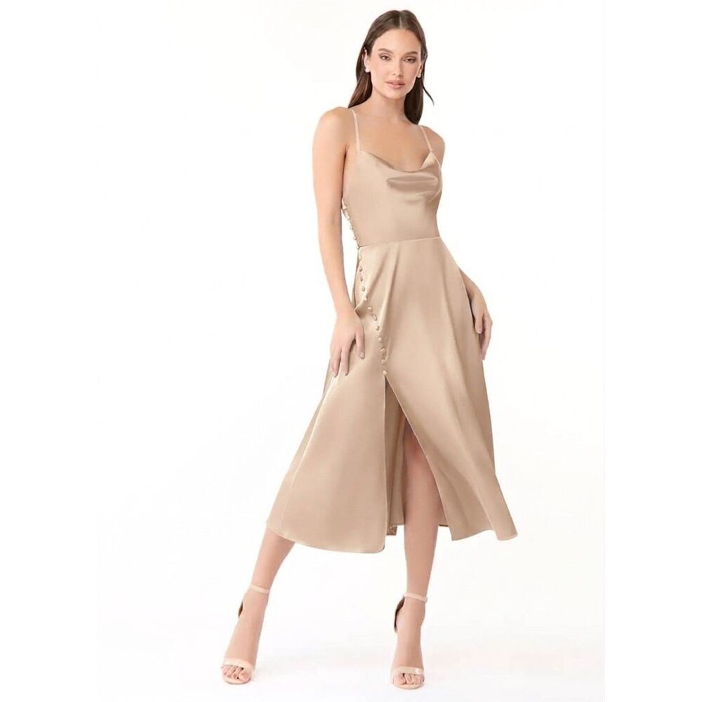 NWT Azazie Midi Dress Ceci Stretch Satin Cowl Neck English Rose Wedding Women A8